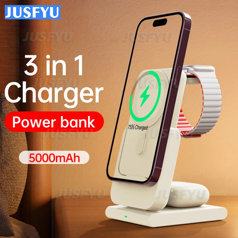 

3 In 1 Magnetic Wireless Charger Station 5000mAh Power Bank 15W MacSafe For iPhone 14 13 12 Pro Max Apple Watch Ultra 8 7 AirPod