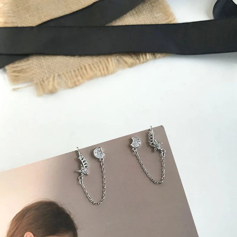 

Real Silver Color Earrings Zircon Stars Tassel Long Ear Clip For Woman Temperamental Girls Party Jewelry No Pierced Ears