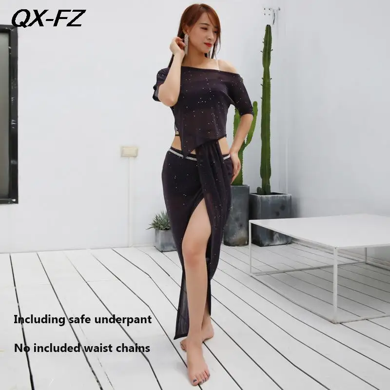 Элегантный женский танцевальный тренировочный костюм топ и юбка с разрезом для