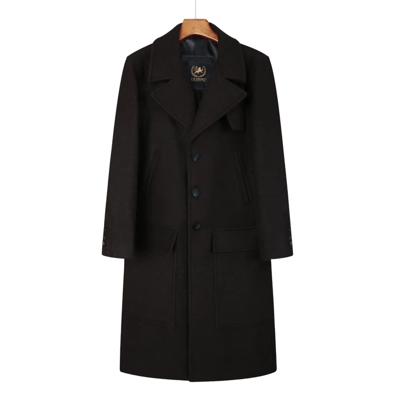 Длинное шерстяное пальто выше колена для мужчин двубортное утепленное защитное