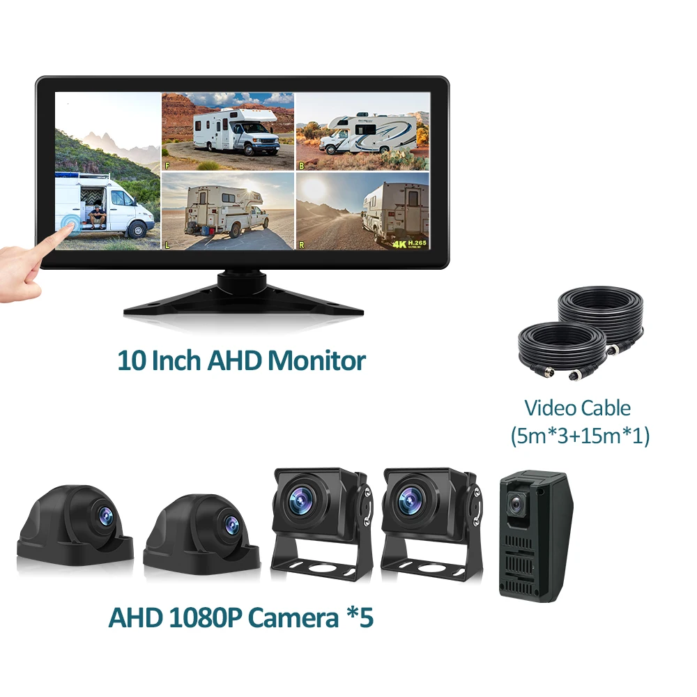

10,36 "AHD 5-канальный монитор с записью DVR 1080P Камера заднего вида Грузовик Автомобиль IPS Сенсорный экран Резервная камера для автобуса Rv