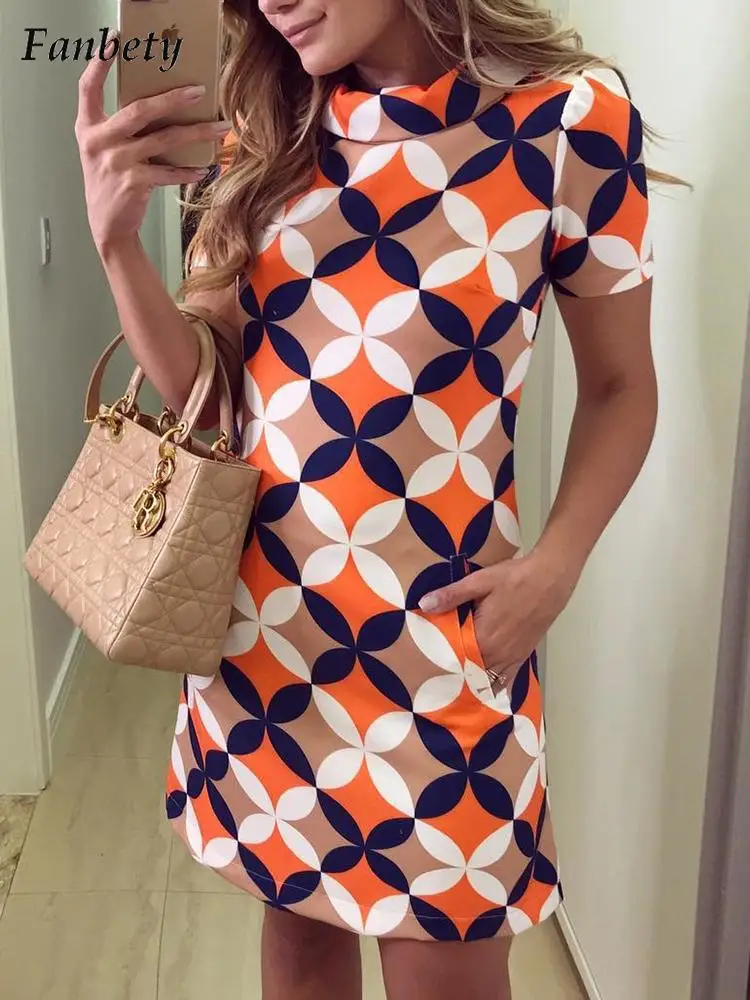 

Женское элегантное праздничное платье с принтом, летнее модное мини-платье с высоким воротом, женское повседневное пляжное ТРАПЕЦИЕВИДНОЕ ...