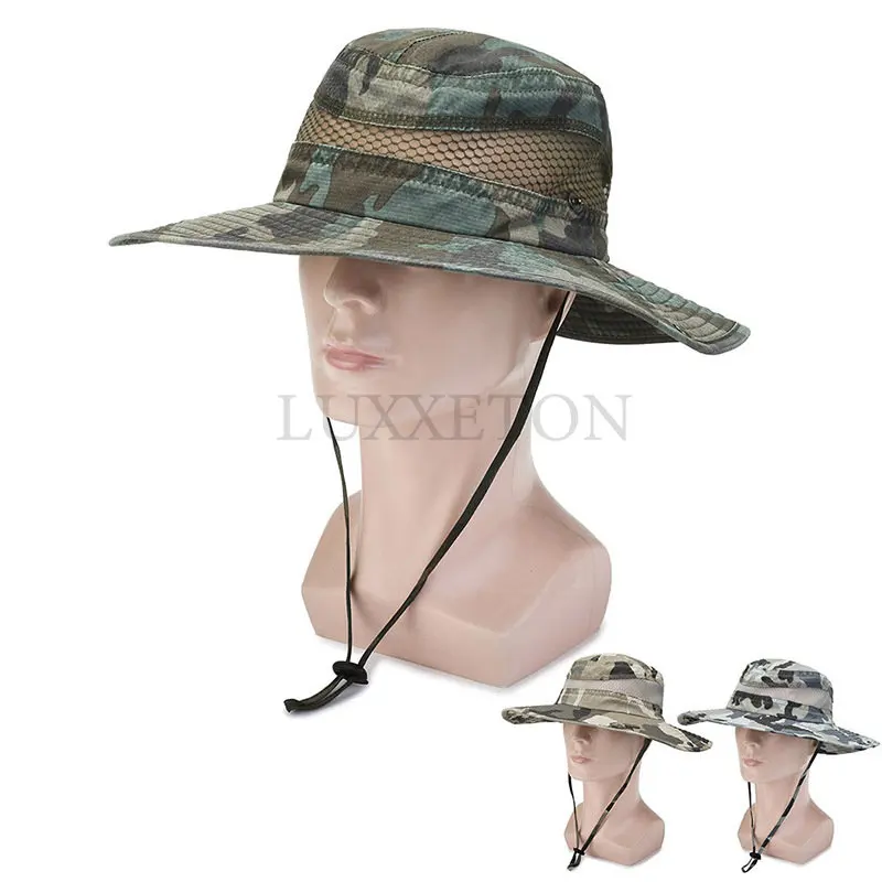 

Men's Spring Summer Bucket Hat Jungle Fishing Camo Sunhat WindproofRope Mesh Breathable Visor Panama Sombrero New Cowboy Hats