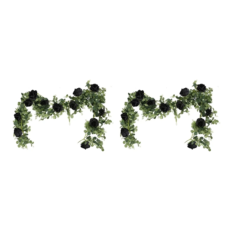 

2Pcs 6.23 Feet Artificial Eucalyptus Garland With Black Roses Faux Greenery Eucalyptus Leaves Rose Vine