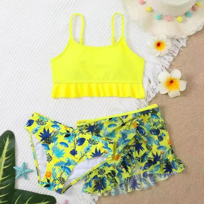 

Flower Print Girls Swimwear Bikinis For Kids Dropshipping Children 3 Pieces Swimsuit Cover Up Set Teens Swimming Suit Biquini