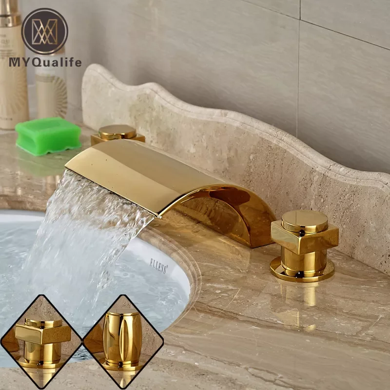 

Deck Mount Golden Dual Handles Basin Faucet Widespread Bathroom 3 Holes Washbasin Mixer Taps