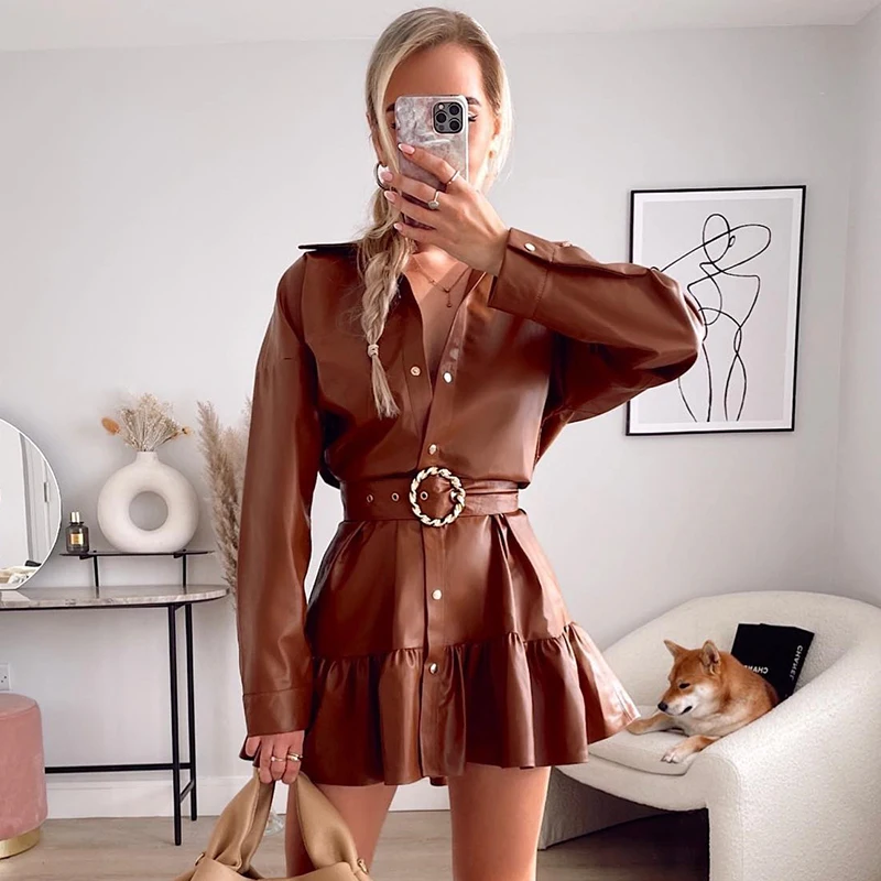 Купи Elegant Polo Collar Faux Leather Ruffle Dresses Women Vintage Long Sleeve With Belt Pu Mini Dress Party Dress Vestido De Mujer за 1,526 рублей в магазине AliExpress