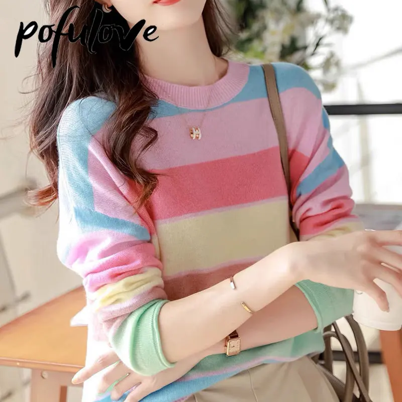 

Women Sweater Korean Top Loose Casual Sweater Long Sleeve Striped Pullover Autumn and Winter New Fashion Sweater кофта женская