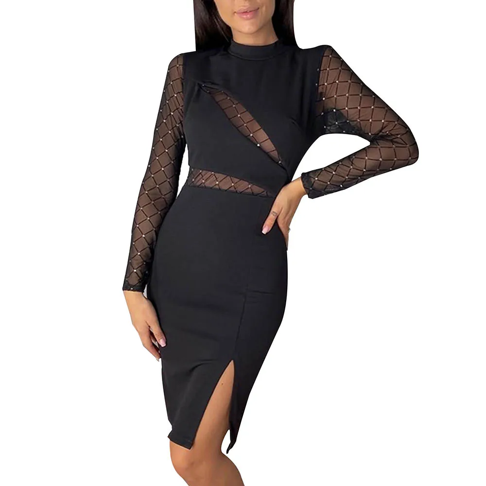 

Women Stylish Midi Dress Sexy Mesh Patchwork Long Sleeve Ladies Elegant Stand Collar Club Bodycon Dress Perspective Vestidos