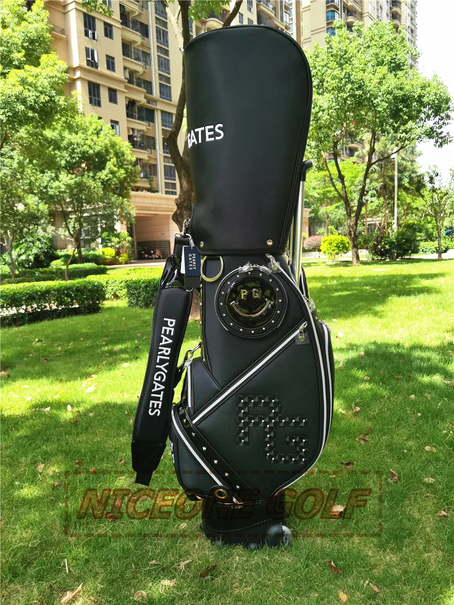 2022 New PG Rivet smiley Golf Bag white and black PU waterproof golf bag with pulley trolley golf bag the fashion bag
