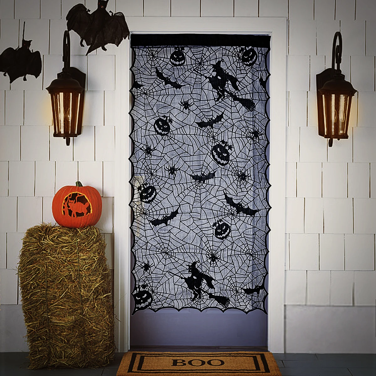 

Halloween Curtain Lace Spider Web Bat Pattern Drapes Festival Window Door Curtain Decoration 42x84 Inches