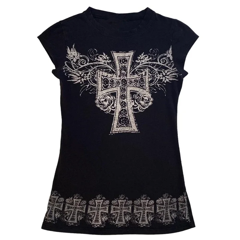 Готические укороченные топы Cyber Grunge Y2K футболки с графикой винтажные рубашки