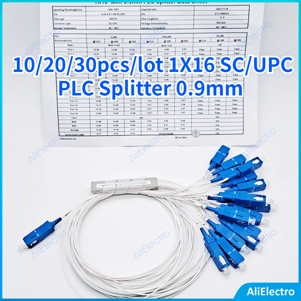 

High Quality 10/20/30pcs/lot 1X16 SC/UPC APC 0.9mm PLC Splitter SM G657A1 LSZH PVC 1m FTTH Fiber Optic Splitter Free shipping