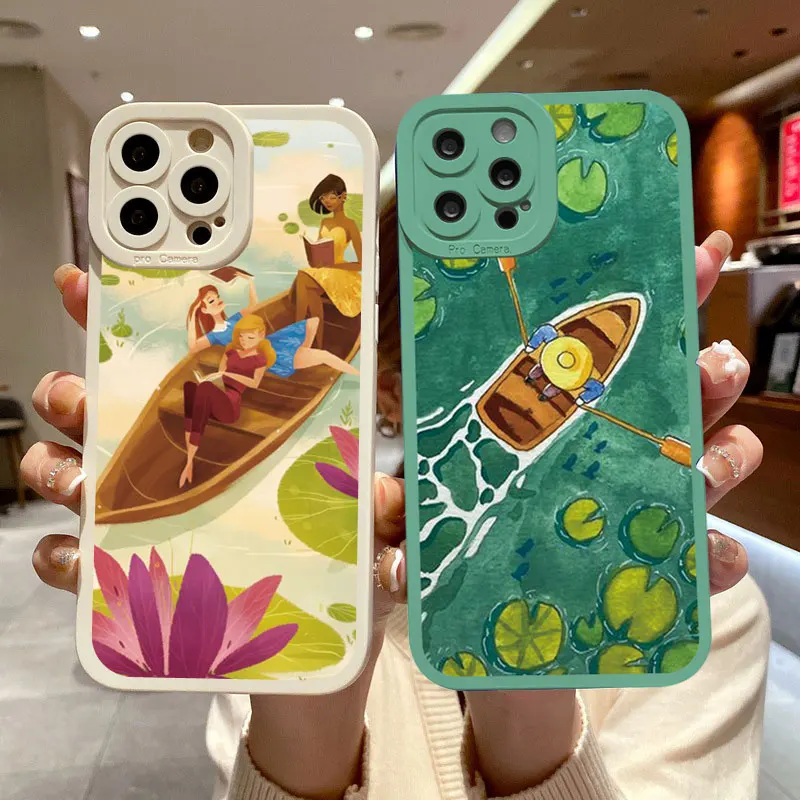 

Lotus Pond Boating Playing Shockproof Protector Phone Case For iPhone X XS XR 14 13 12 11 Pro Max 7 8 14 Plus SE 2020 Soft Cover
