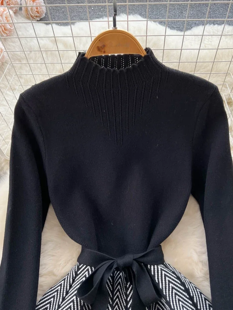 Женское зимнее толстое вязаное платье-свитер водолазка свободные платья на