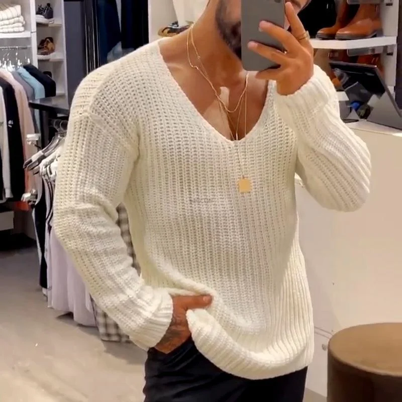 

Mens Casual V-Neck Solid Sweater Autumn Winter Fasion Knitted Pullover Tops For Men arajuku Lon Sleeve Jumper Streetwear