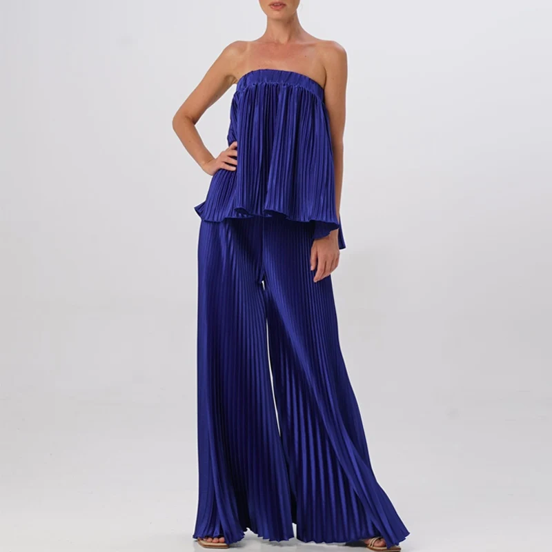 

Summer Casual Pleated Night Club 2pc Outfits Elegant Sleeveless Tops+Wide Leg Pants Outfit Female Fashion Rib High Street Suits