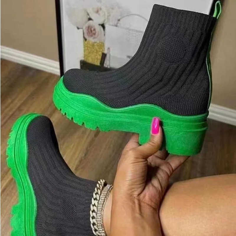 

Women's Boots Stretch Cloth Knitted Ankle Boots Autumn and Winter New Luxury Women's Boots Round Toe Slip-on Casual Boots