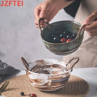 classical handmade ceramic cute bowls with braided rope handle soup creative big fruit salad vintage bowl table decor dishware