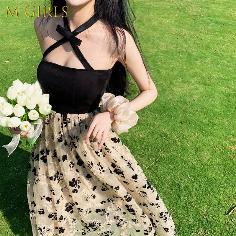 

M GIRLS One Piece Dress Kroean Floral Design Vintage Strap Dresses Women Sleeveless Sexy Midi Dresses Evening Party Summer Chic