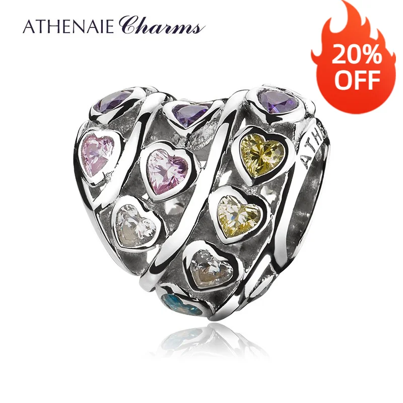 

ATHENAIE 925 Sterling Silver Mixed CZ Multi-Color Hearts Love Charms Beads For Women DIY Bracelets Fit Valentine's Day Pink