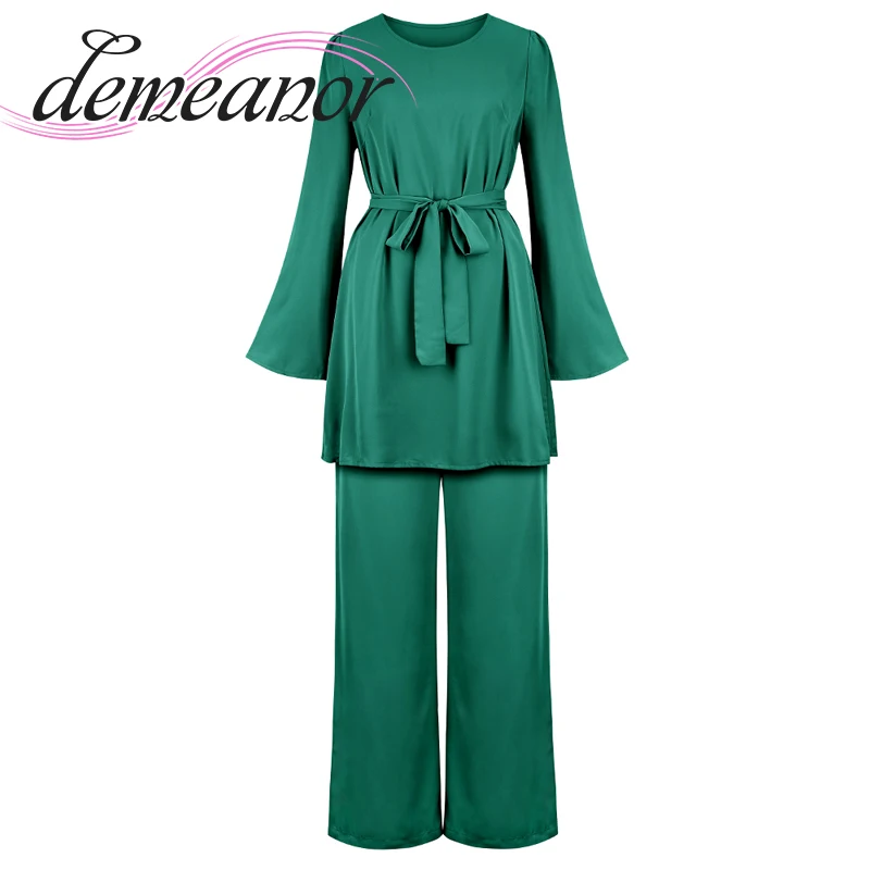

2022 New Corset Women Combination Muslim Pants Set New Season Pearl Crepe Premium Fabric Elastic Waist Pants Turkey Green
