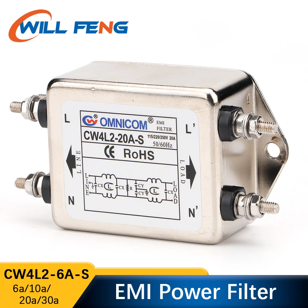 Будет Feng Omnicom EMI фильтр мощности 6A 10A 20A CW4L2-10A-S однофазный AC110/220V для Co2 лазерной