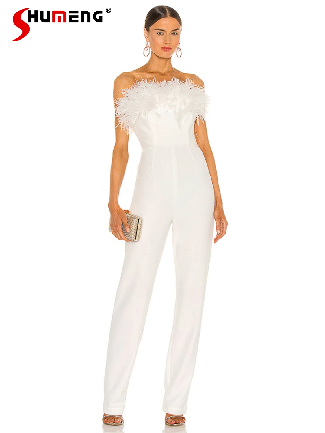 New Arrival White Feather Sexy Slim Waist One-Piece Jumpsuit Trousers 2022 Summer New Loose Wide Leg Pants Overalls for Women