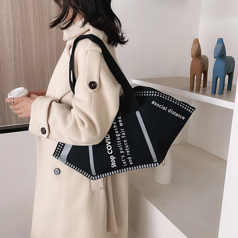 

New Fashion Women Large Mask Shopping Bag Canvas Shoulder Bag Home Storage Bag Luxury Handbag Tote Bag