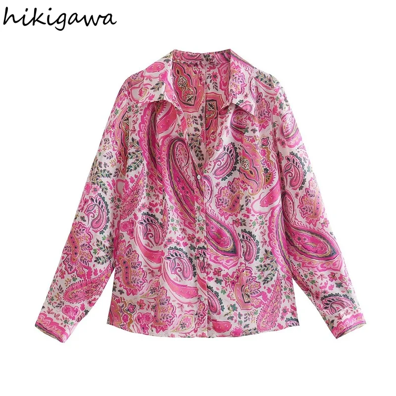 

Шикарные Модные женские топы Hikigawa, приталенные универсальные повседневные рубашки с принтом на пуговицах, винтажная женская блузка с длинн...