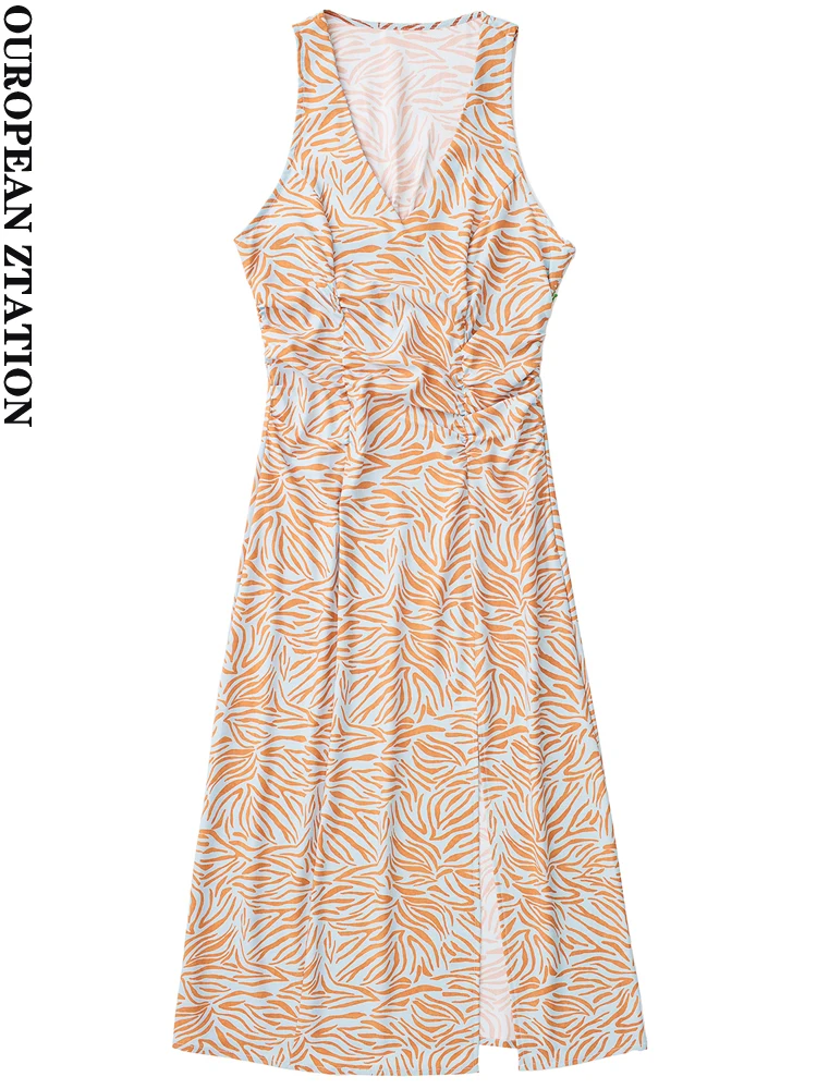 

PAILETE Women 2022 fashion front slit zebra print midi dress vintage v-neck sleeveless female dresses vestidos mujer