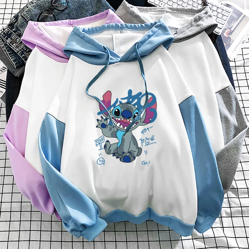 

Kawaii Disney аниме серия граффити Стич Осень Зима Одежда Цветные Блоки толстовка Свободный пуловер стиль для пары подарок для девушки