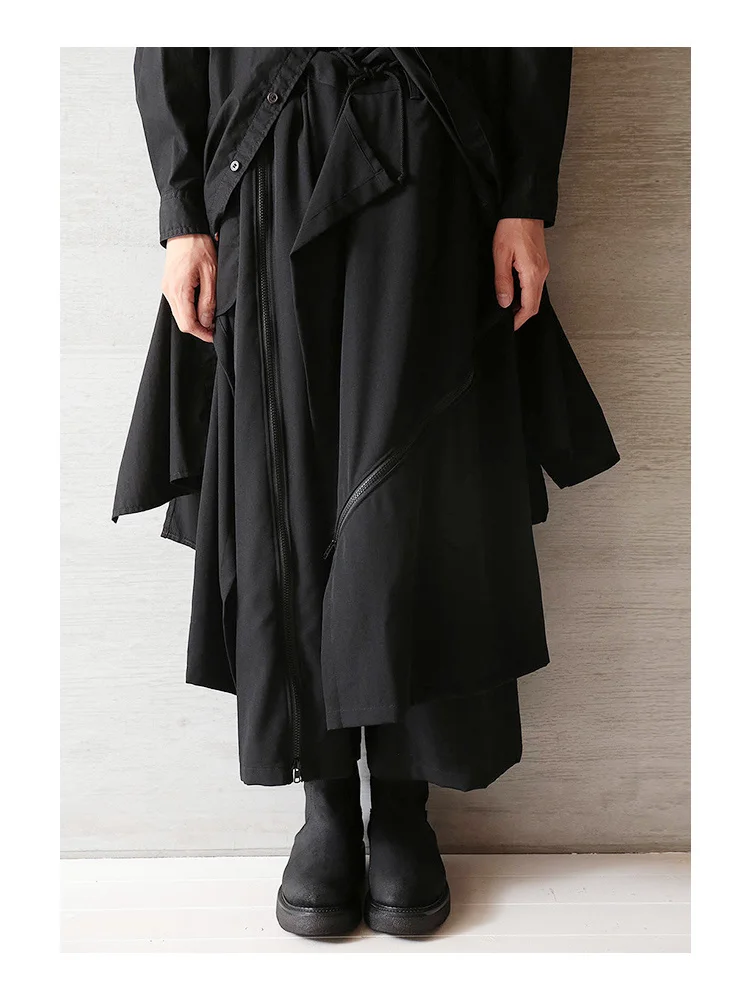 

and Autumn winter irregular double-layer nine-point pants men's adjustable zipper loose large size wide-leg pants skirt black