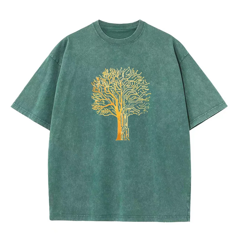 O Neck Gold Pine 100% Cotton Mens Washed Retro T Shirts Funny Short Sleeve Tops Tees Normal Shirt