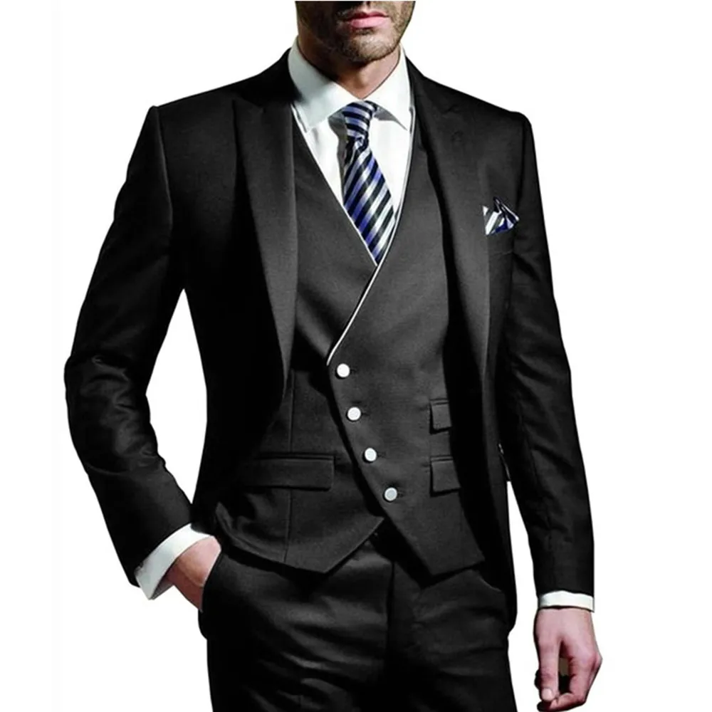 

New Costume Homme Three Pieces Men Suit Notched Lable Black Groomsuit Formal Business Suits Tuxedo Custom Made(Blazer+Vest+Pant)