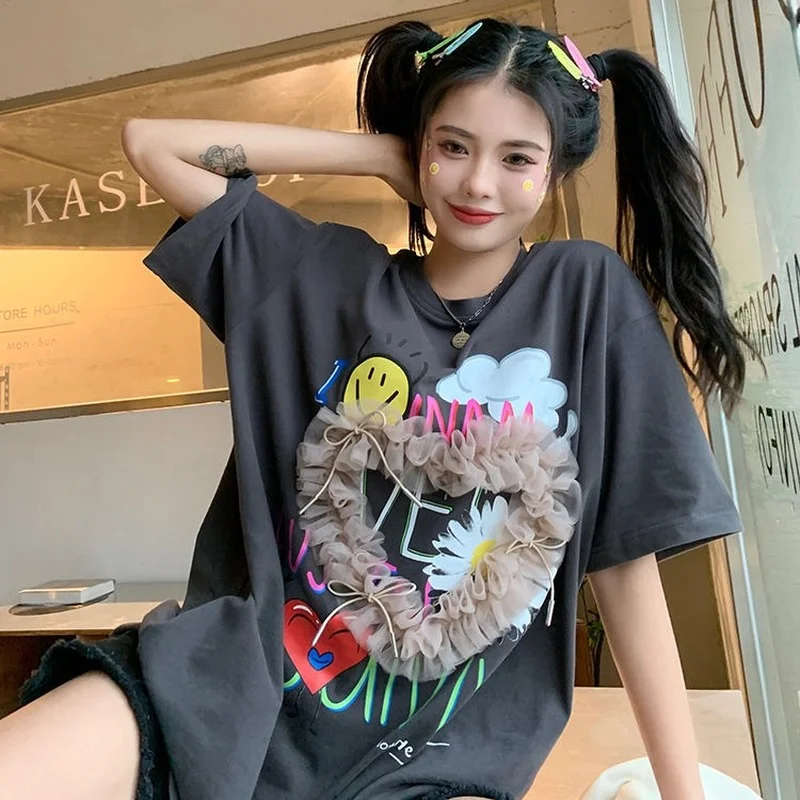 

2022 Women's Summer T-shirt Love-shaped Mesh Design Short-sleeved Korean Fashion New Ins Loose Tops Woman Tshirts
