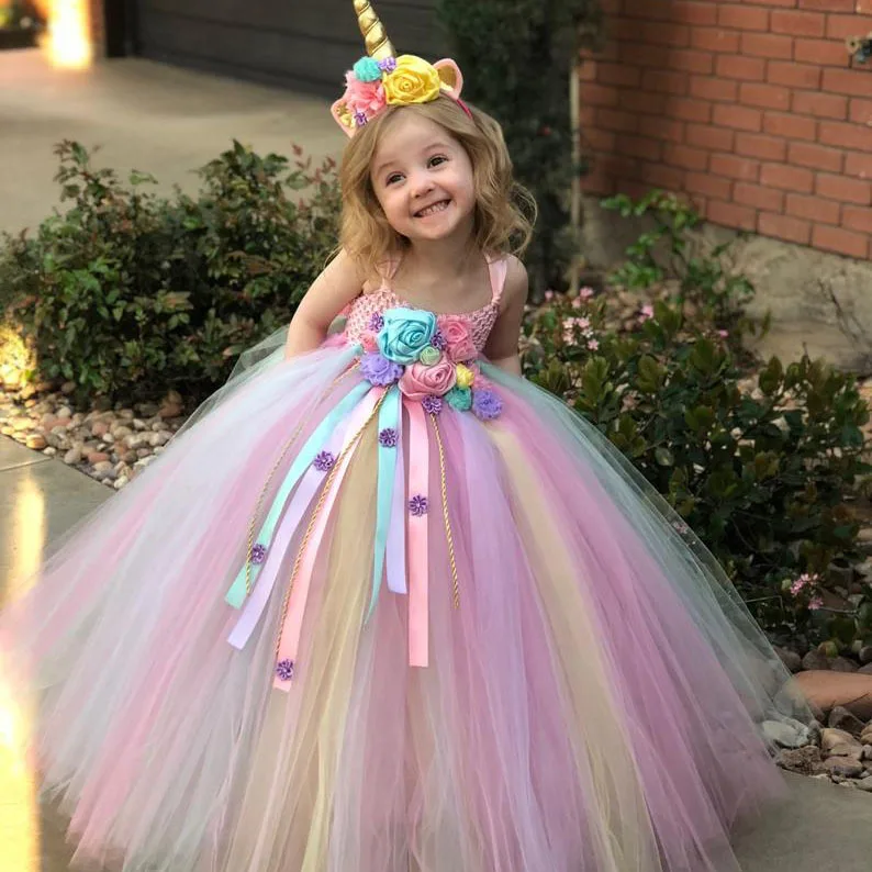Girls Pastel Unicorn Flower Tutu Dress Kids Crochet Tulle Strap Ball Gown with Daisy Ribbons Children Party Costume |