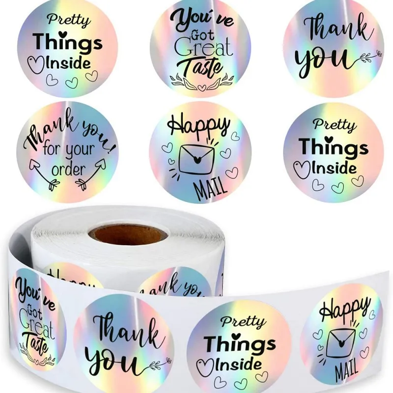

500pcs/roll Rainbow Laser Thank You Stickers for Business Your Order Pretty Things Great Taste Package Decor Sealing Labels