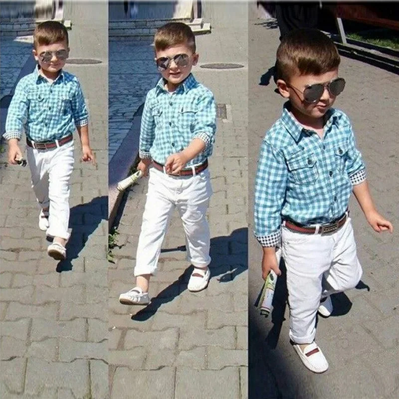 

Fashion Children Boys Clothes Set Spring Autumn Toddler Boy Clothes Cotton Long Sleeve Lattice Shirt+Pants Children Clothing