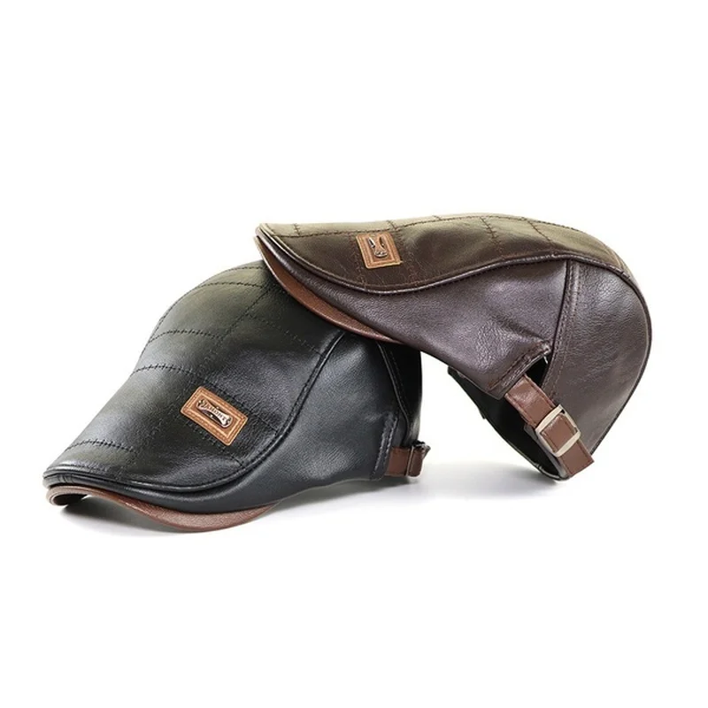 Men's Outdoor Leather Hats Winter Berets Male Warm Ear Protection Caps PU Middle-aged Men Hat Visors Adjustable Cap |