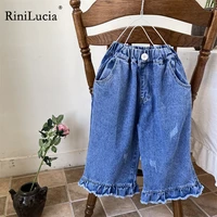 rinilucia girls wide legged jeans spring and autumn children loose straight soft denim pants chubby kid ruffles jeans