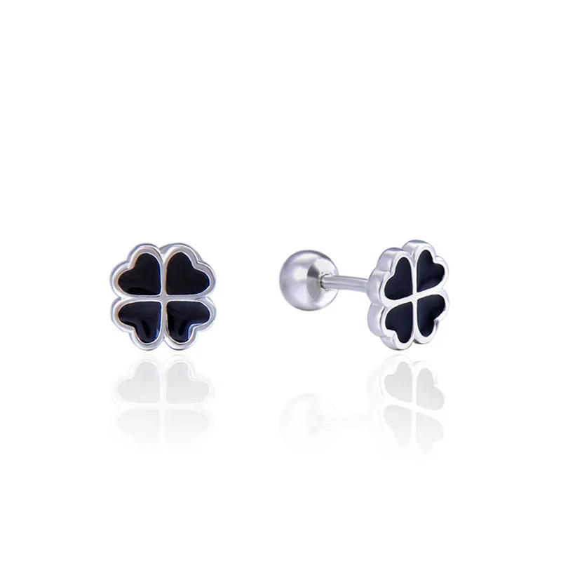 

Authentic 925 Sterling Silver Earring Black Clover Glaze Stud Earring For Women Girl Wedding Party Jewelry Gift