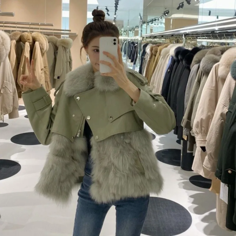 2022 Winter Women's Warm Thick Coat Luxury Lady Graceful Faux Fur Jacket Korean Fashion PU Leather Patchwork Outerwear Female