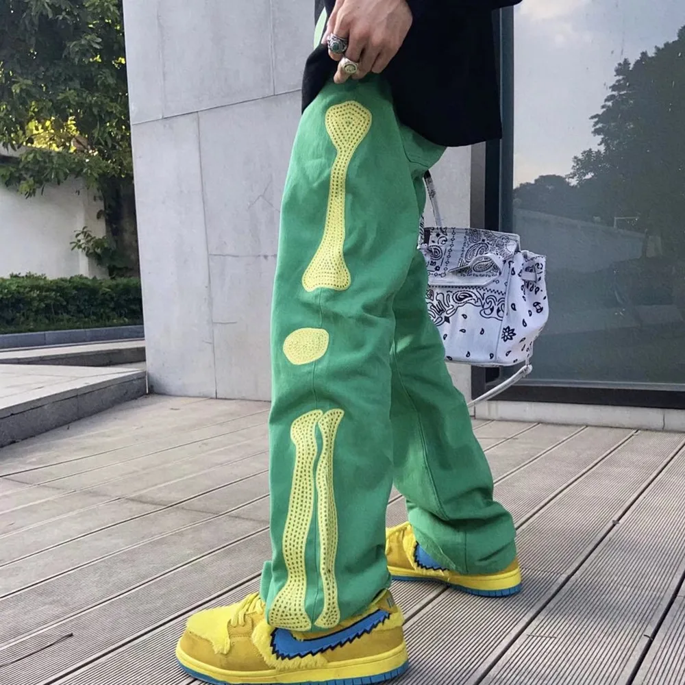 2021 Stylish  Skeleton Embroidery Punk Men Hip Hop Straight Jeans Trousers Loose Vintage Women Green Denim Pants Pantaloni Uomo