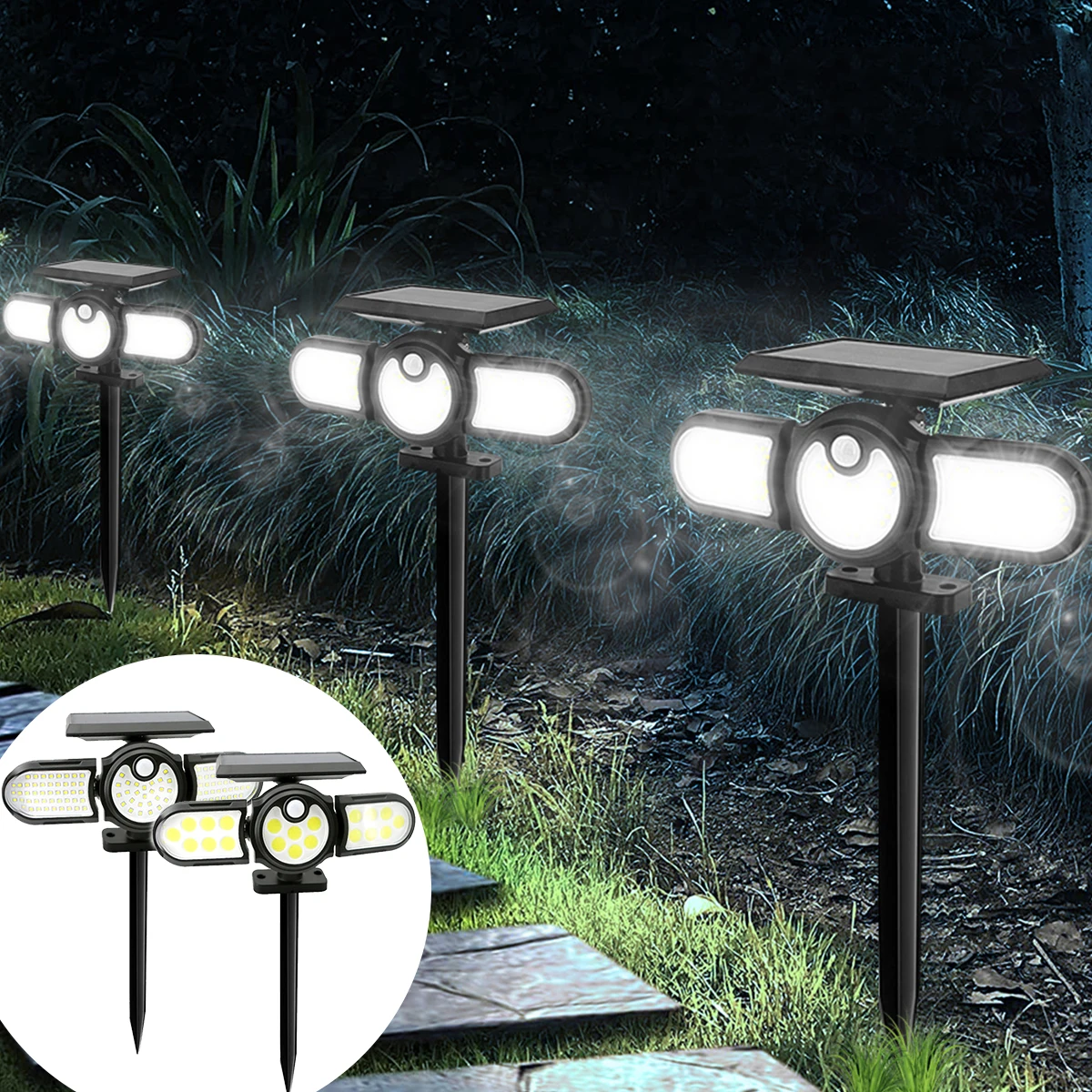 

140 COB Solar Path Light Motion Sensor LED Light Outdoor IP65 Waterproof Three Head LED Flood Lights Soalr Spotlight For Garden