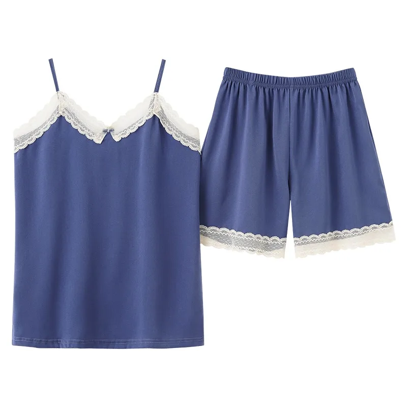 CAIYIER Lace Women Pajamas Set Silk Satin Cami Top and Shorts Sleepwear Summer V-Neck Nightwear Female Big Size Homewear M-3XL