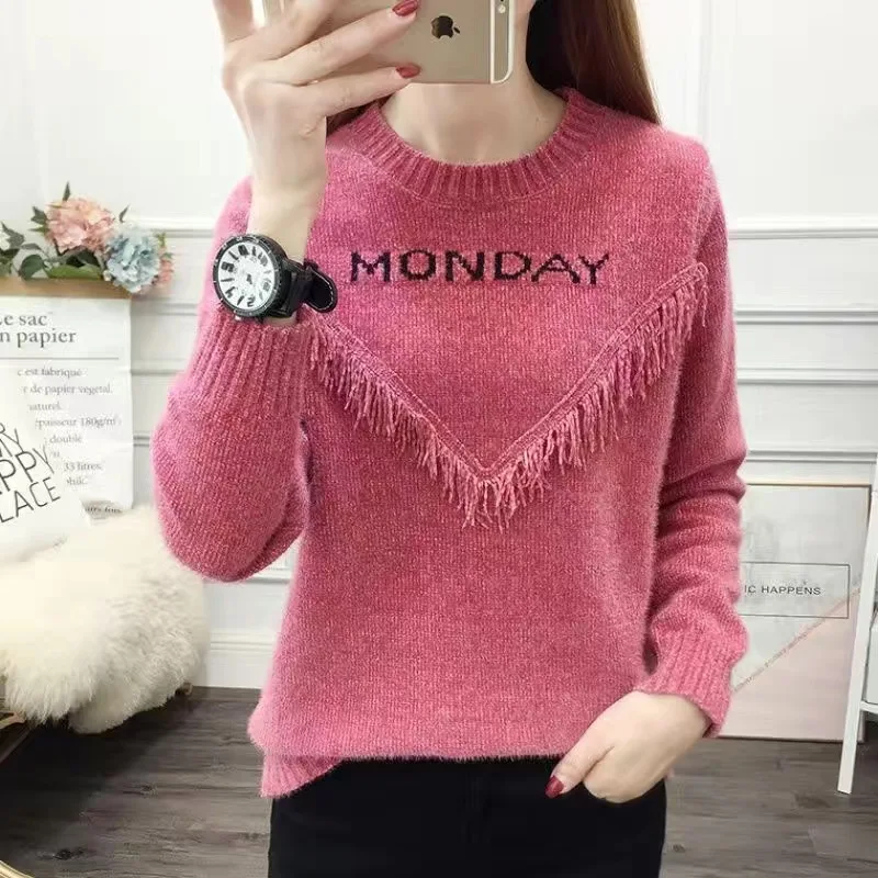 Chenille Sweater Women Autumn and Winter 2024 Popular Fashion Loose Inner wear Fleece-lined Thickened Knit Outer Wear Top