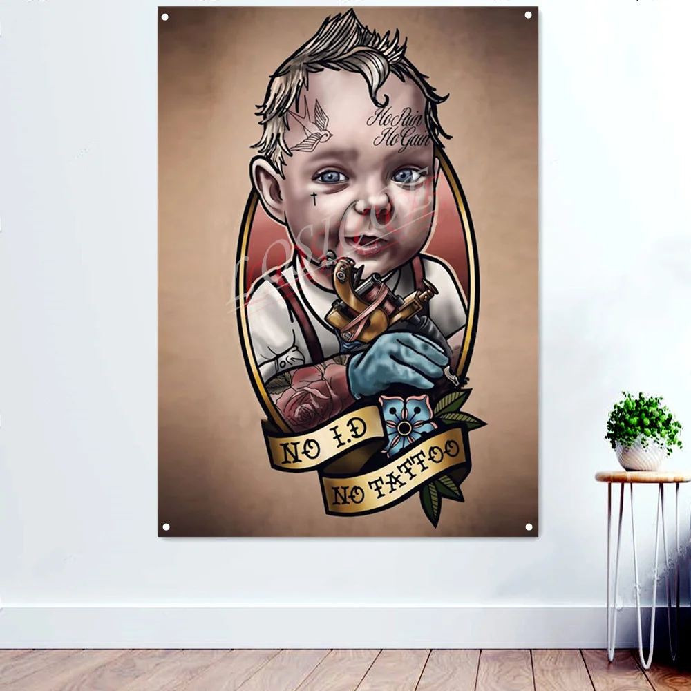 

Baby Tattooist Tattoo Art Tapestry Wall Hanging Flag With four Metal Buckles Polyethylene Banner Barber Shop Wall Decor Painting