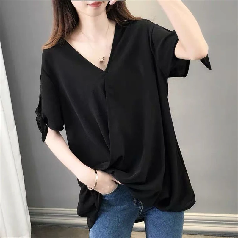 

Women Bow Simple Casual Asymmetrical Y2K Oversized Blouse Summer Korean Fashion V Neck Short Sleeve Shirt Solid Tunic Tops Ropa
