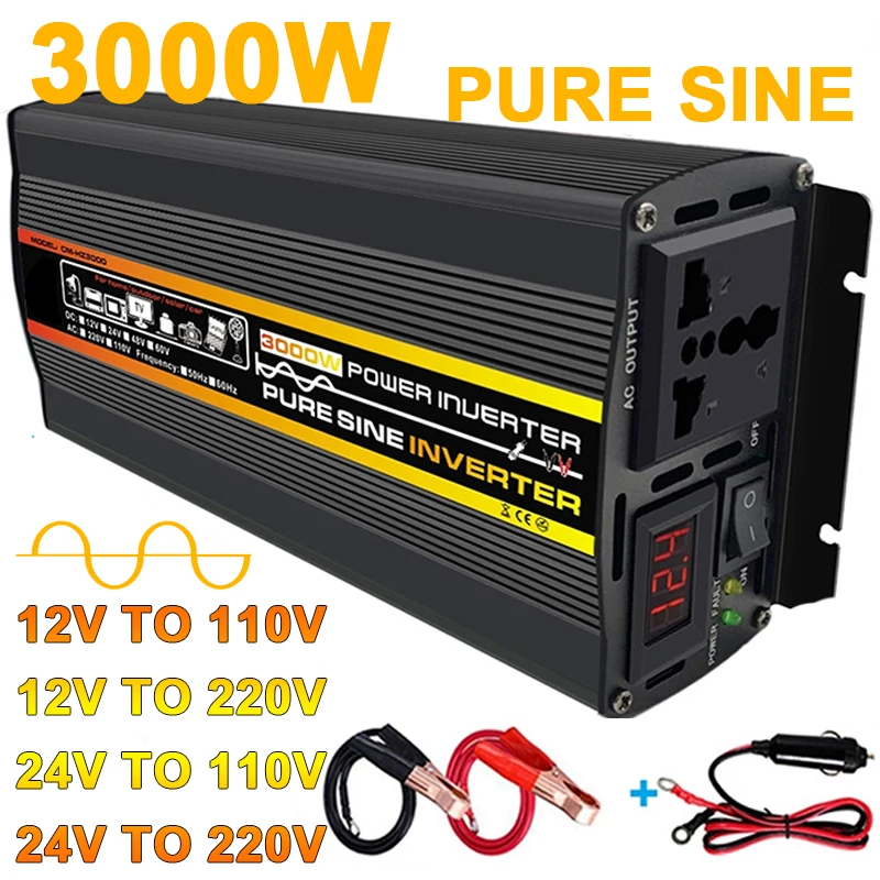 3000W Pure Sine Wave Power Inverter Car Inverter 12V 24V to 110V 220V Converter for Car Home Outdoor Solar System